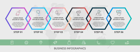 Vector infographic line hexagons for six icons, diagram, graph, presentation. Business concept with 6 steps. For content, flowchart, timeline, workflow, banner, workflow, marketing, web, chartのイラスト素材