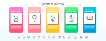 Infographics square with 5 steps, icons. Vector template used for diagram, business, web, workflow layout, presentations, flowchart, info graph, timeline, content, levels, chart, processes diagramのイラスト素材