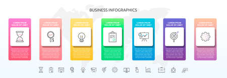 Infographics square with seven steps, icons. Vector template used for diagram, business, web, banner, workflow layout, flowchart, info graph, timeline, content, levels, chart, processes diagramのイラスト素材
