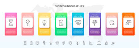 Infographics square with eight steps, icons. Vector template used for diagram, web, banner, workflow layout, presentations, flowchart, info graph, timeline, content, levels, chart, processes diagramのイラスト素材