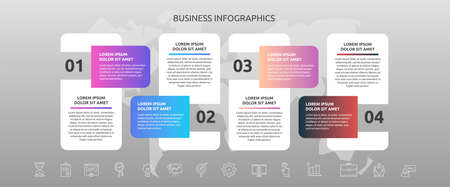 Infographics rectangle with 4 steps, icons. Vector template used for diagram, business, web, banner, workflow layout, presentations, flowchart, info graph, timeline, levels, chart, processes diagramのイラスト素材