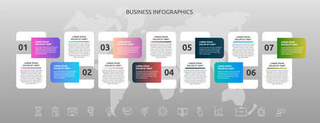 Infographics rectangle with seven steps, icons. Vector template used for diagram, business, web, banner, workflow layout, flowchart, info graph, timeline, content, levels, chart, processes diagramのイラスト素材
