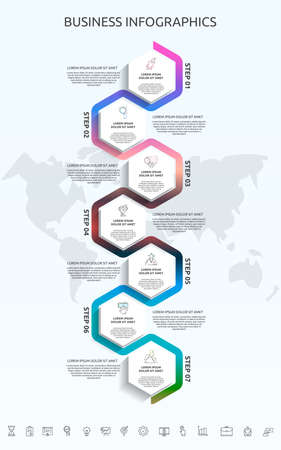 Vector infographic template hexagons for seven icons, diagram, graph, presentation. Business concept with 7 stepsのイラスト素材