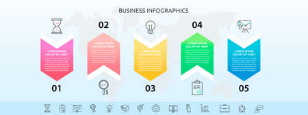 Infographics with 5 elements and arrows. Vector concept of five business options to choose from. Modern design for flowchart, timeline, web, graph, presentation.のイラスト素材