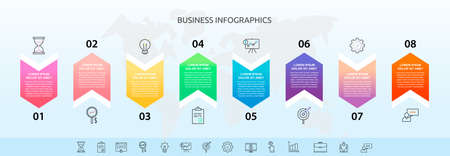 Infographics with 8 elements and arrows. Vector concept of eight business options to choose from. Modern design for flowchart, timeline, web, graph, presentation.のイラスト素材