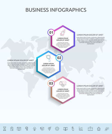 Infographics hexagon with three circles, labels. Vector template used for diagram, business, web, banner, workflow layout, flowchart, info graph, timeline, content, levels, chart, processes diagramのイラスト素材