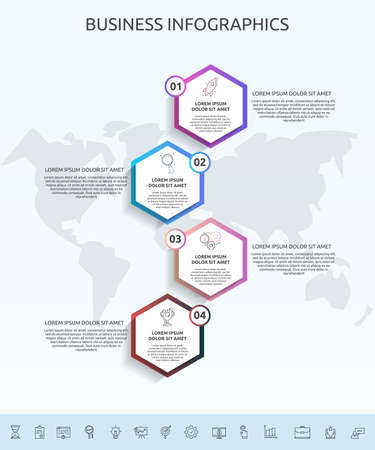 Infographics hexagon with four circles, labels. Vector template used for diagram, business, web, banner, workflow layout, flowchart, info graph, timeline, content, levels, chartのイラスト素材