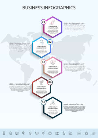 Infographics hexagon with 5 circles, labels. Vector template used for diagram, business, web, banner, workflow layout, info graph, timeline, content, levels, chart, processes diagramのイラスト素材