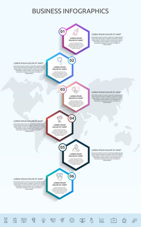 Infographics hexagon with 6 circles, labels. Vector template used for diagram, web, banner, workflow layout, flowchart, info graph, timeline, content, levels, chart, processes diagramのイラスト素材