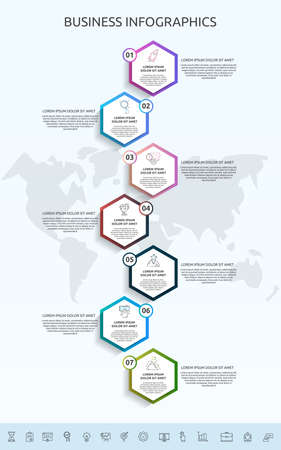 Infographics hexagon with seven circles, labels. Vector template used for business, web, banner, workflow layout, flowchart, info graph, timeline, content, levels, chart, processes diagramのイラスト素材