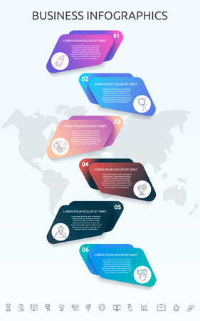 Vector Infographics with 6 steps, labels. Can be used for diagram, business, web, banner, workflow layout, presentations, flowchart, info graph, timeline, content, levels, processes diagramのイラスト素材