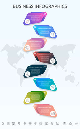 Vector Infographics with eight steps, labels. Can be used for diagram, business, web, banner, workflow layout, presentations, flowchart, info graph, timeline, content, levels, processes diagramのイラスト素材