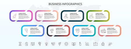 Infographics rectangle with eight steps, icons. Vector template used for diagram, web, banner, workflow layout, presentations, flowchart, info graph, timeline, content, levels, processes diagramのイラスト素材
