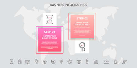 Infographics squares with 2 steps, icons. Vector template used for diagram, business, web, banner, workflow layout, presentations, flowchart, info graph, timeline, content, levels, processes diagramのイラスト素材