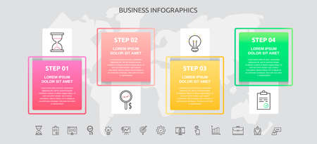 Infographics squares with 4 steps, icons. Vector template used for diagram, business, web, banner, workflow layout, presentations, flowchart, info graph, timeline, levels, chart, processes diagramのイラスト素材