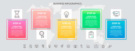 Infographics squares with 5 steps, icons. Vector template used for diagram, business, web, workflow layout, presentations, flowchart, info graph, timeline, content, levels, chart, processes diagramのイラスト素材