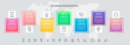 Infographics squares with seven steps, icons. Vector template used for diagram, business, web, banner, workflow layout, flowchart, info graph, timeline, content, levels, chart, processes diagramのイラスト素材