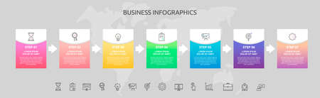 Infographics rectangle with seven steps, arrows. Vector template used for diagram, business, web, banner, workflow layout, info graph, timeline, content, levels, chart, diagramのイラスト素材