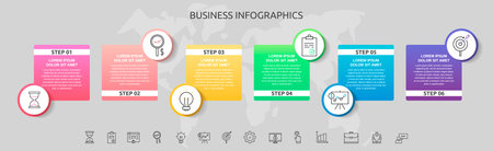 Infographics circles with 6 steps, squares. Vector template used for diagram, business, workflow layout, presentations, flowchart, info graph, timeline, content, levels, chart, processes diagramのイラスト素材