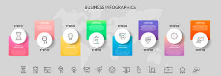 Infographics circles with 8 steps, squares. Vector template used for diagram, business, web, banner, workflow layout, presentations, flowchart, info graph, timeline, content, levels, processes diagramのイラスト素材