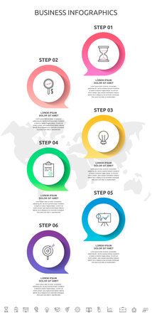 6 steps infographics with dialogs and charts. Vector circles template six parts used for diagram, business, workflow layout, flowchart, info graph, timeline, chart, processes diagramのイラスト素材