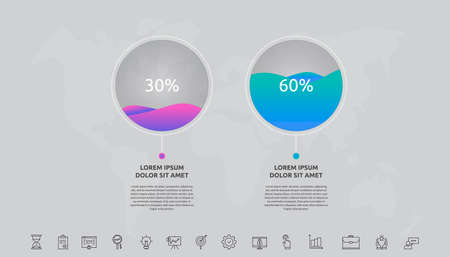 Vector 2 steps infographics with circles and waves. Template two parts used for diagram, business, web, banner, workflow layout, presentations, flowchart, content, levels, chart, processes diagramのイラスト素材