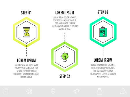 Vector infographic hexagons with three steps. Flat template can be used for diagram, business, web, banner, workflow layout, presentations, flowchart, info graph, timeline, contentのイラスト素材