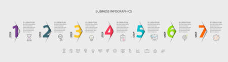 Vector infographic with 7 step, label, numeral, icons. Timeline used for diagram, chart, workflow layout, presentations, info graph, content, levels, chart, processes diagramのイラスト素材