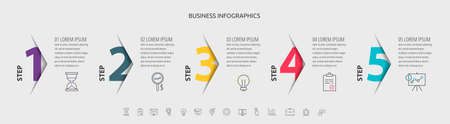 Vector infographic with 5 step, label, numeral, icons. Timeline used for diagram, chart, web, banner, workflow layout, flowchart, info graph, timeline, content, levels, chartのイラスト素材