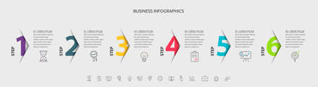 Vector infographic with 6 step, label, numeral, icons. Timeline used for diagram, chart, web, banner, workflow layout, flowchart, info graph, content, levelsのイラスト素材