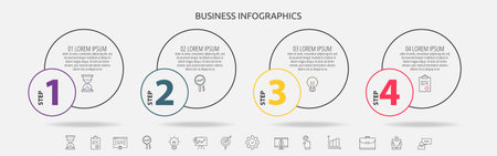 Circles vector line infographic with 4 step, icons. Timeline used for diagram, chart, workflow layout, presentations, flowchart, info graph, content, levels, chart, processes diagramのイラスト素材
