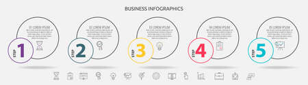 Circles vector line infographic with 5 step, icons. Timeline used for diagram, chart, web, banner, workflow layout, presentations, flowchart, processes diagramのイラスト素材