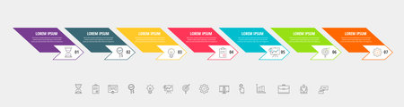 Vector infographic with 7 step, arrow, numeral, icons. Timeline used for diagram, chart, workflow layout, presentations, info graph, content, levels, chart, processes diagramのイラスト素材