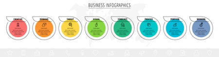 Business vector infographics with 8 line circles. Timeline visualization with eight steps for diagram, flowchart, banner, presentations, web, content, levels, chart, graphicのイラスト素材