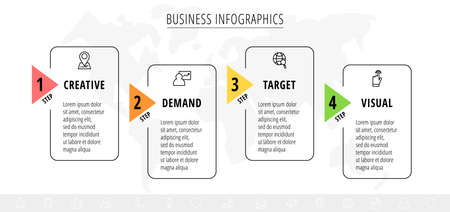 Vector infographic square label, template design. Business concept, Infograph with rectangles four options, step, arrow. Line infographics element for layout process diagram, chart, graphic, webのイラスト素材