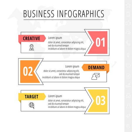 Vector three step line infographic with icons and labels. Modern timeline concept for chart, levels, web, diagram, banner, presentations, business, diagram, flowchartのイラスト素材