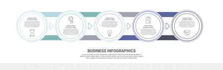 Vector minimal line infographics with circles and arrows. Business timeline 5 steps by step, options, labels. Flat template with five ways for chart, diagram, flowchart, appのイラスト素材