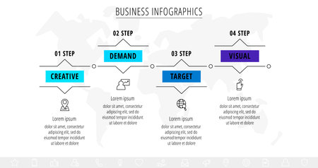 Vector line infographics with 4 labels and arrows. Flat chart process template with four steps. Modern timeline for business project, presentation, web, diagram, contentのイラスト素材