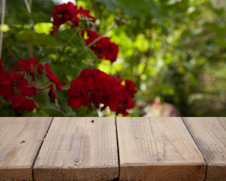 Blurred background of forest park garden with wooden table