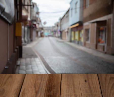 Blurred background of nature forest park with wooden tableの写真素材