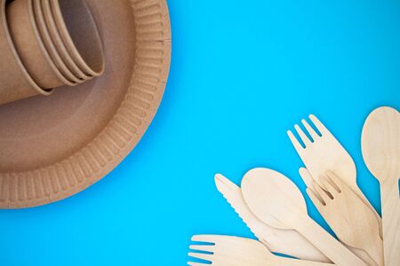 Zero waste, environmentally friendly, disposable tableware, cardboard tableware, paper tableware, space for text, view from the top. Save the planet.の写真素材