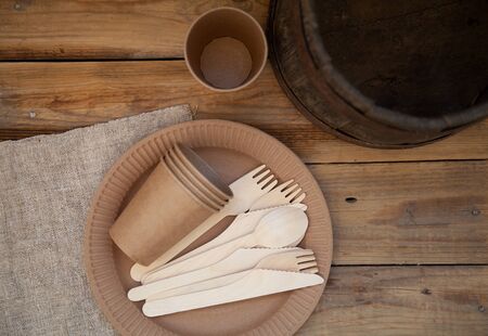 Eco-friendly disposable tableware, paper tableware. dishes for a picnic and camping, dishes, zero plastic, planet preservation, stop plasticの写真素材