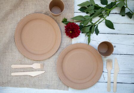 Various eco-friendly kraft paper packaging, containers for takeaway food. Zero waste and recycling concept.の写真素材