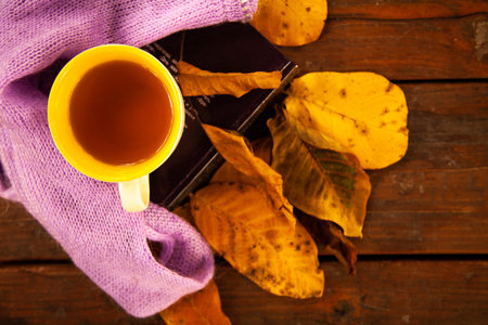 Autumn still life with cup of tea, plaid and leaves on wooden background