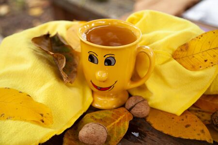 Autumn still life with cup of tea, plaid and leaves on wooden backgroundの写真素材
