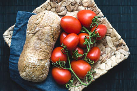 Tasty food on wicker plateの写真素材