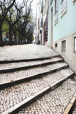 Cobblestone pavement street stairs in Lisbonの写真素材