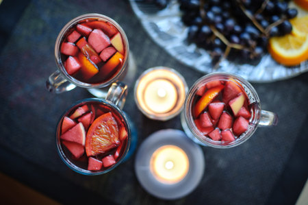 Mulled wine closeup view from above backgroundの写真素材