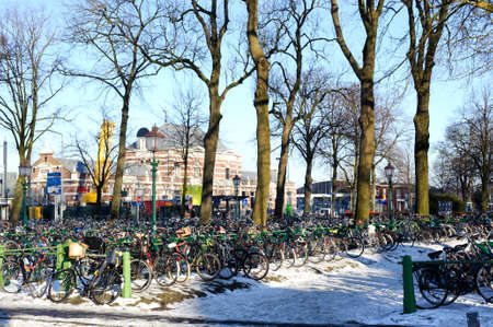 Bicycle parking in Hoorn, city of Netherlands. Sunny winter day.の写真素材