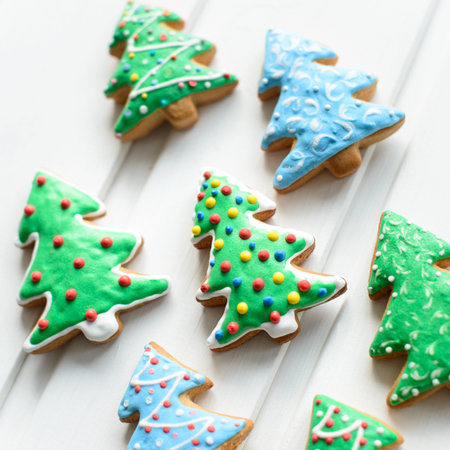 Christmas cookies in shape of fir-tree with festive decoration on white wooden background. New Year...